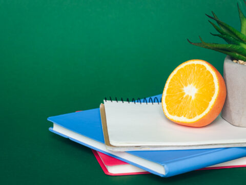 Notebooks and orange on green background, school snack concept.